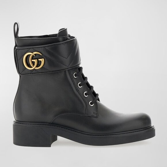 Gucci GG Logo Metalasse Leather Strap Combat Lace Up Ankle Bootie Boots - Picture 3 of 16